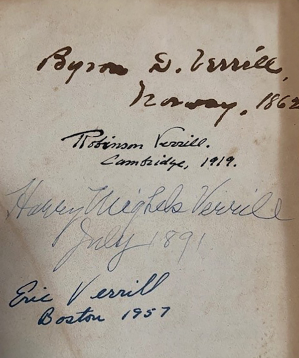 Two volume Bouvier Law Dictionary, with title pages signed by none other than Byron Verrill in 1862, Harry Verrill in 1891, Robinson Verrill in 1919, and Eric Verrill in 1957